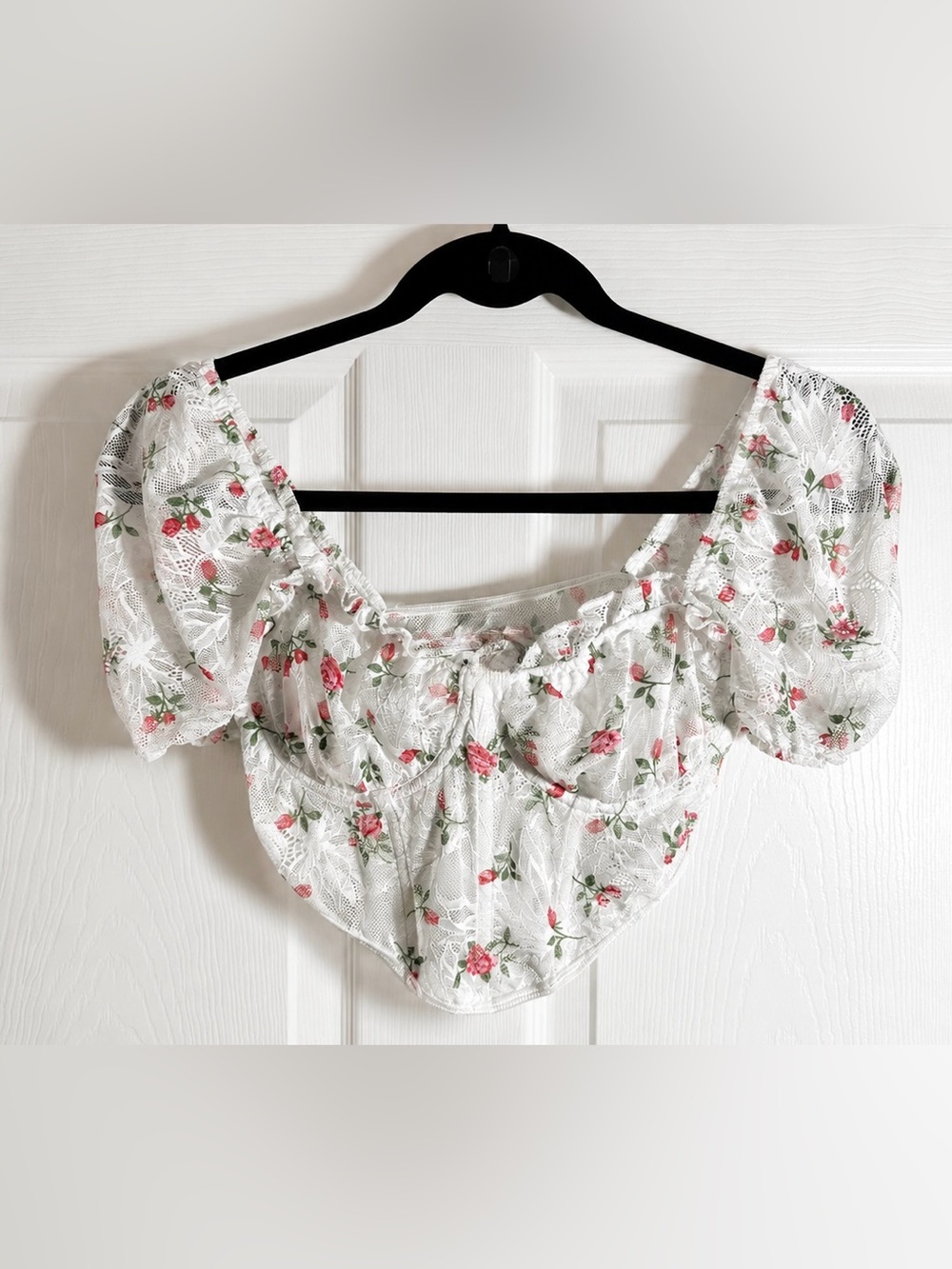 Floral Lace Corset Top Puff Sleeve Coquette Cottagecore Size S